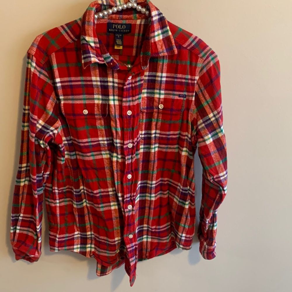Polo Ralph Lauren Boys Youth L Flannel Shirt Red Green Plaid Button Down Cotton